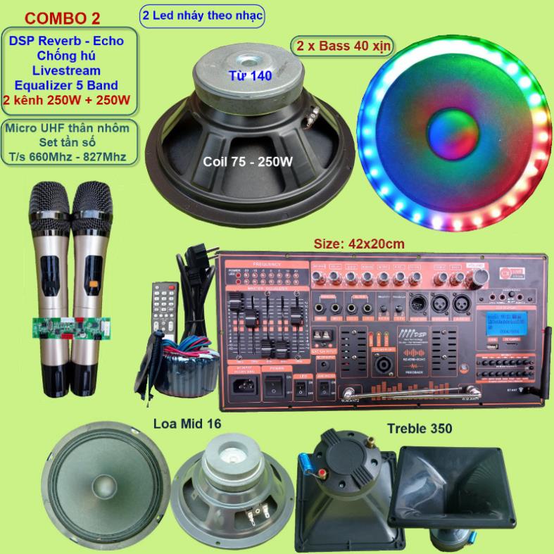 Mạch loa kéo 4 tấc đôi 2 kênh 250W + 250W DSP Reverb Echo Livestream có chống hú - Equalizer 5 Band  2 tay micro KÈM LED