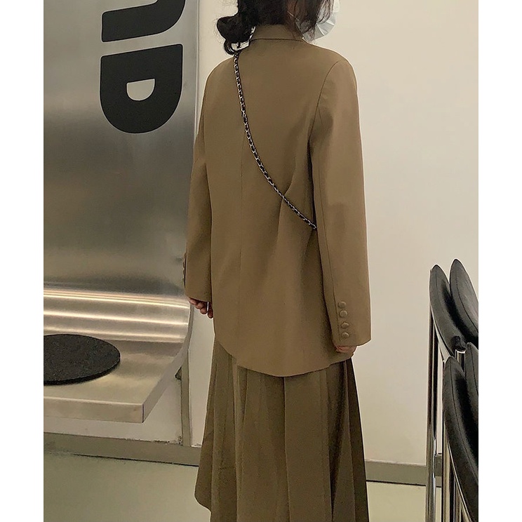 Set Áo Khoác Vest Màu Trơn + Chân Váy Xếp Ly Lưng Cao Thời Trang Hàn Quốc