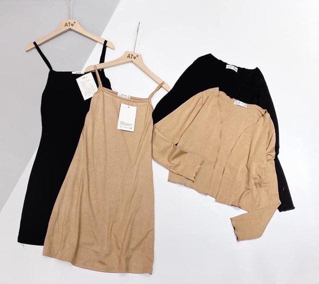 💃 Bộ Váy 2 Dây Áo Khoác Dài Tay Set Đầm Nữ Dáng Ngắn Kèm Áo Cardigan Mỏng 2 Màu