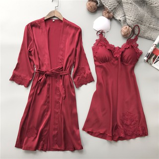 Có sẵn 4 mầu - Set váy ngủ kèm áo choàng lụa Quảng Châu cao cấp sang xịn mịn