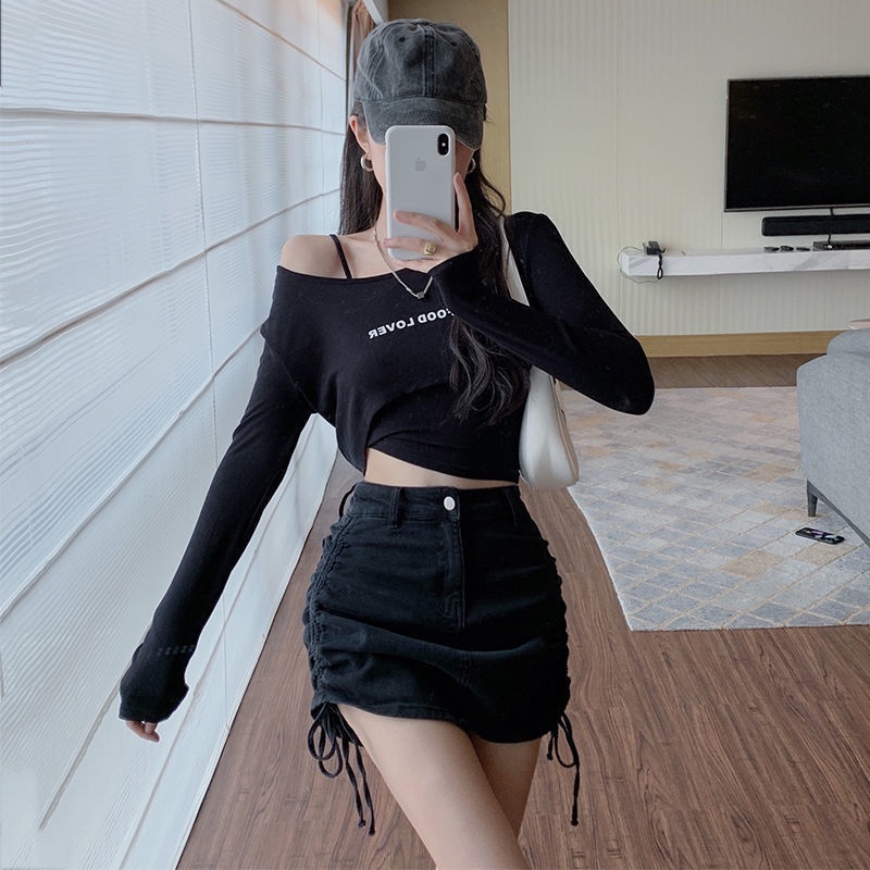 COZOK Chân váy denim lưng cao phối dây rút thời trang cho nữ