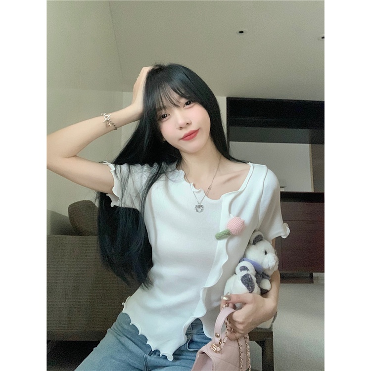 Áo sweater dệt kim Xiaozhainv tay ngắn in hoa phong cách Hàn Quốc có 3 màu lựa chọn thời trang cho nữ