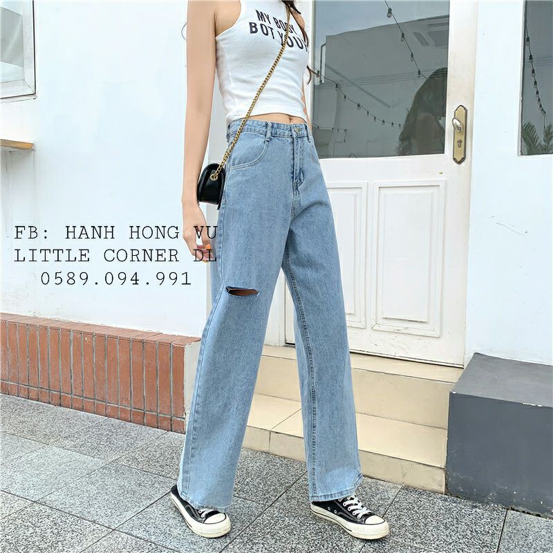 Quần cullotes baggy jeans ống suông vừa 18cm rách ngang gối lưng cao form ulzzang kèm ảnh thật