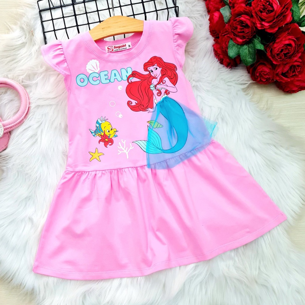 Đầm thun cotton tay cánh tiên mát mẻ in nàng tiên cá ariel cho bé gái