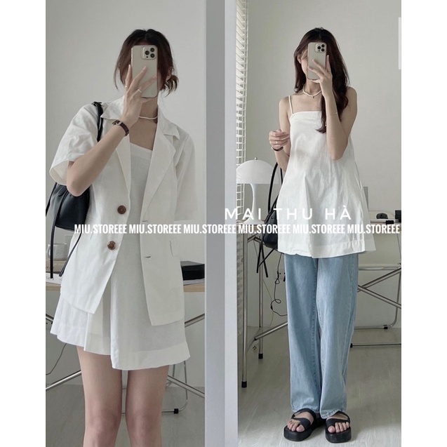 SET VÁY HAI DÂY KÈM VEST BLAZER TRƠN ĐŨI LINEN SV2SVB