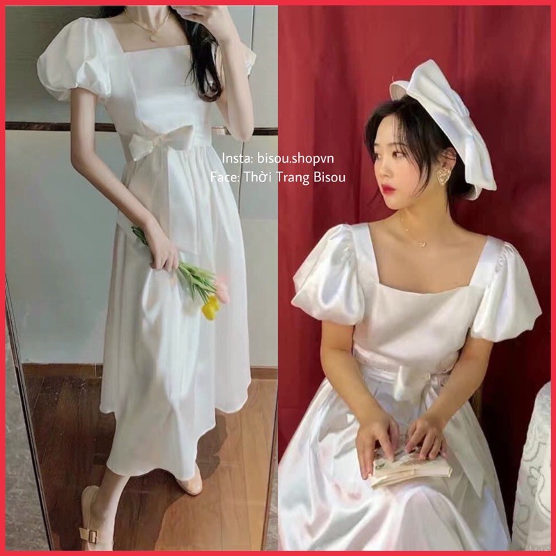 Đầm midi trắng nữ tay phồng -váy lửng xoè tiểu thư công chúa vintge ulzzang