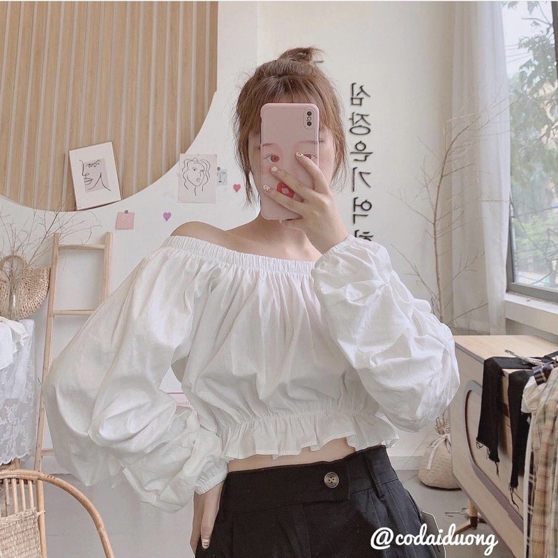 [RẺ VÔ ĐỊCH] Áo Trễ Vai Tay Nhún Bèo 2 Màu Đen trắng, Áo sơ mi trễ vai Croptop cho bạn thêm cuốn hút, tự tin