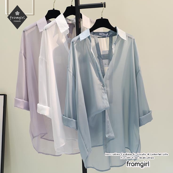 Áo sơ mi dáng rộng màu trơn thời trang mùa hè Hàn Quốc mới 2021