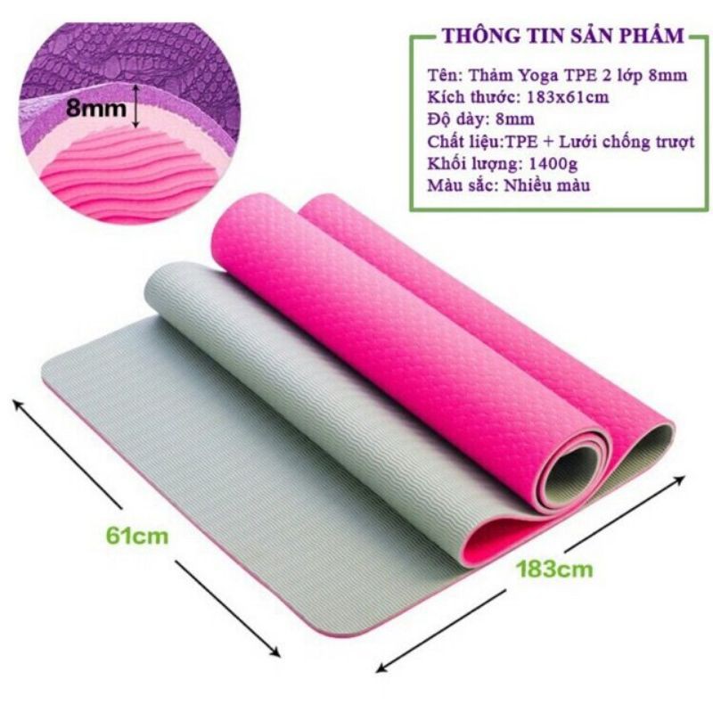 Thảm tập Yoga TPE 2 lớp 8mm chống truợt