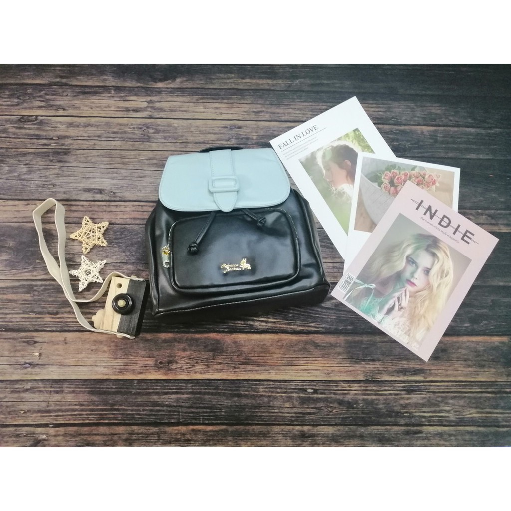 Ba lô phối màu xanh ngọc và đen PU #RebeccaBonbon chú cún Nhật Bản