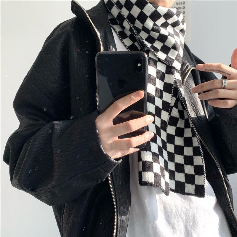 Khăn choàng cổ đan len họa tiết sọc ca rô trắng đen phong cách Âu Mỹ thời trang thu đông cho nữ