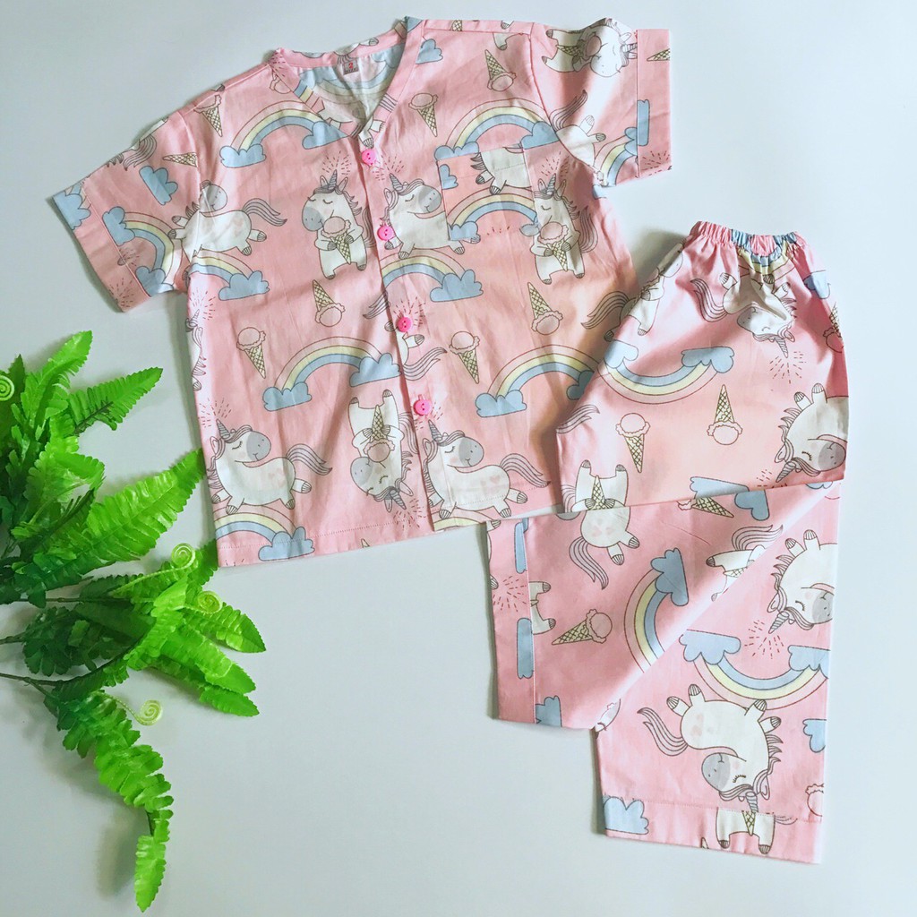 Pijama tay ngắn Thô cotton mềm mịn hút mồ hôi Unicorn Xanh/ Hồng 10-20kg
