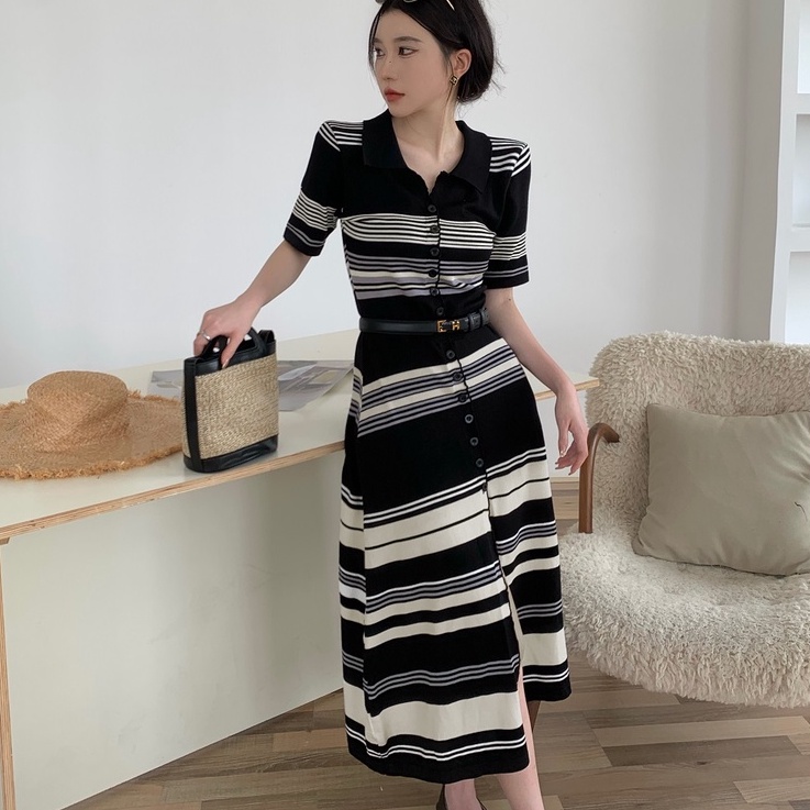 Đầm ZHELIHANGFEI dệt kim cổ polo dáng ôm họa tiết kẻ sọc ngang thời trang sang trọng dành cho nữ