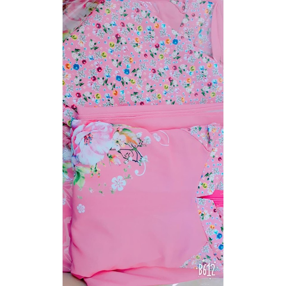 Bộ áo dài truyền thống hoa nhí hồng phấn họa tiết hoa tay HT02 (Cả bộ)