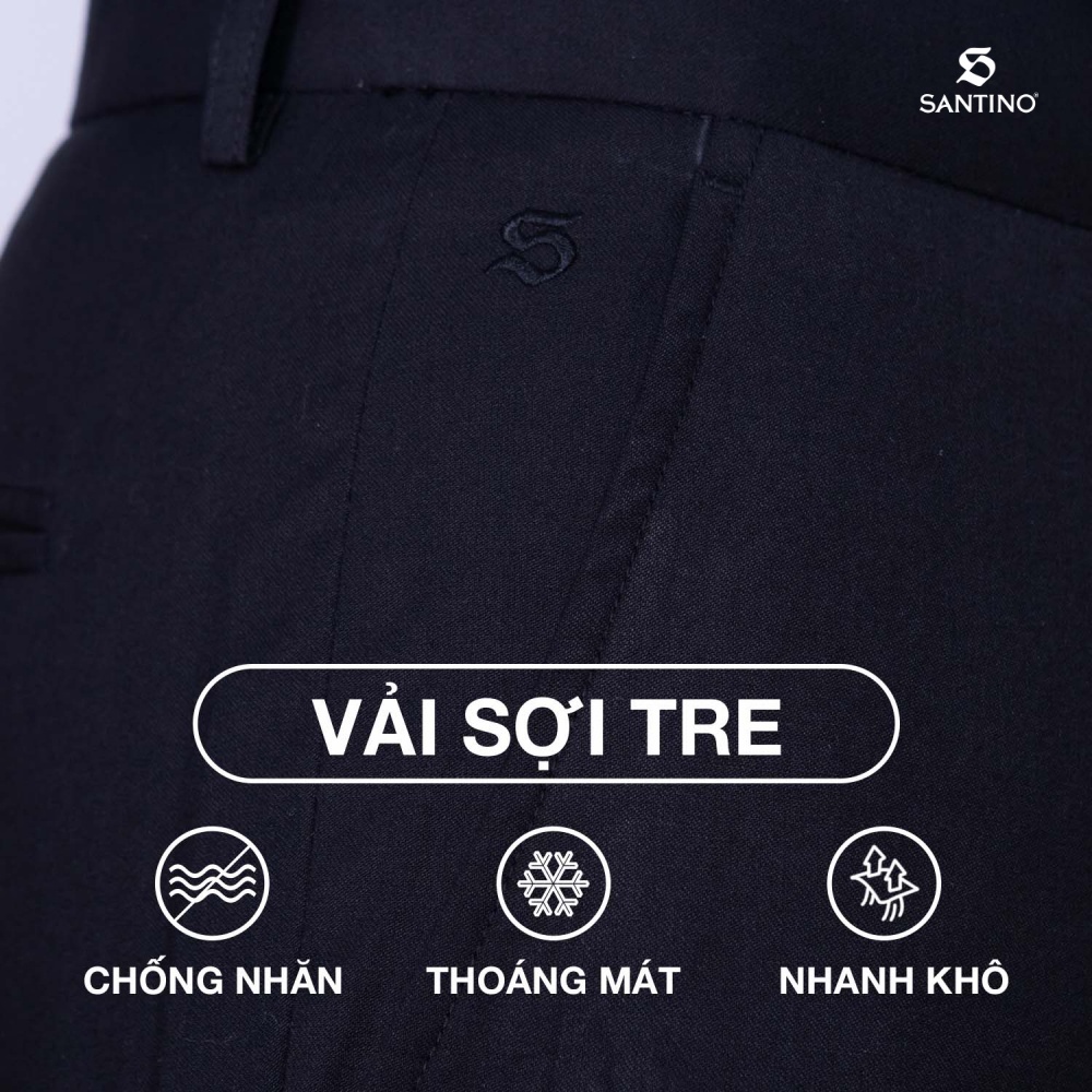 Quần Tây công sở Sợi Tre SANTINO cao cấp, màu đen form ôm nhẹ, thoáng mát chống nhăn, kháng khuẩn và tia UV - Q070