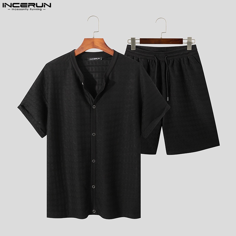 Set trang phục INCERUN áo sơ mi tay ngắn cổ tròn và quần short baggy size S-5XL mặc thoải mái thời trang dành cho nam