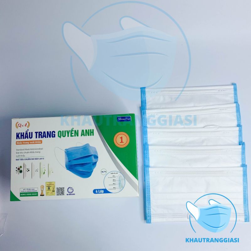 Khẩu trang y tế 4 lớp màu trắng viền xanh Quyền Anh