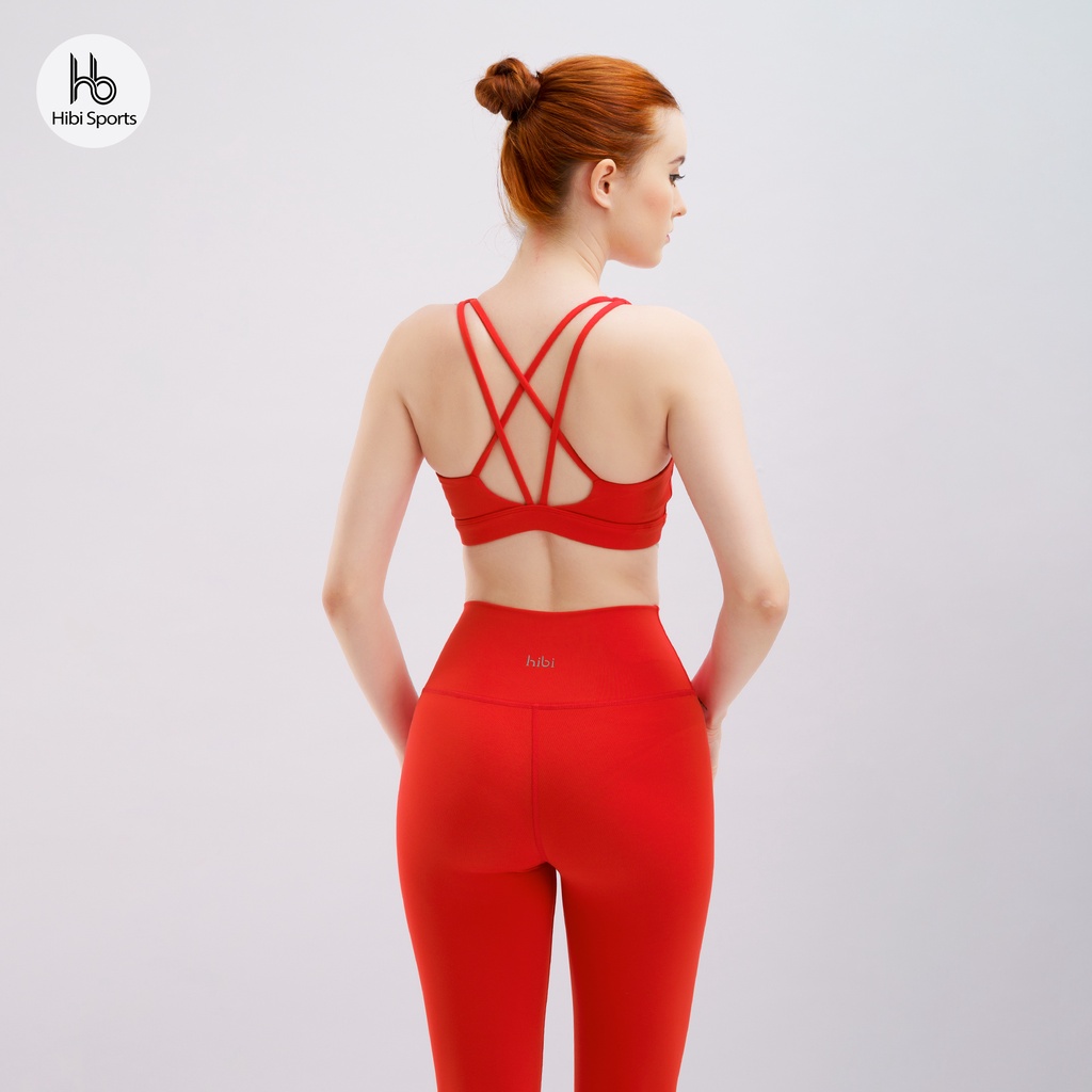 Set đồ tập yoga gym Luxury Hibi Sports H145 4 dây đan VX, size mới, màu Đỏ Cherry kèm mút ngực, vải cao cấp Hi Fabric