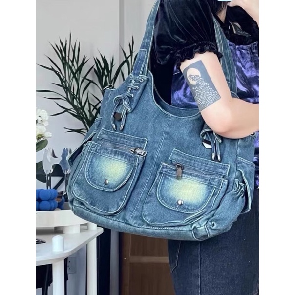 Túi DENIM bản to phong cách đường phố