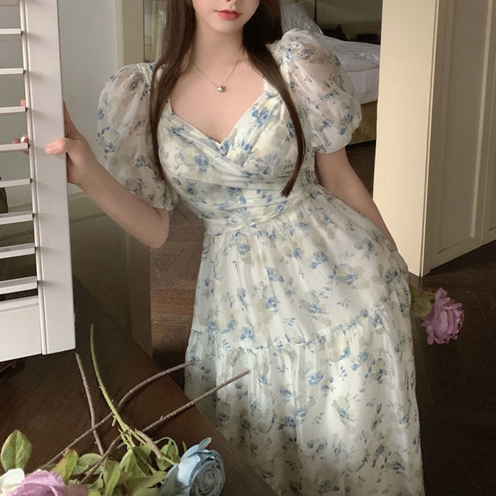 Đầm Voan Hoa Ngắn Tay Cổ Chữ V Thời Trang Mùa Hè Pháp Dành Cho Nữ 2022