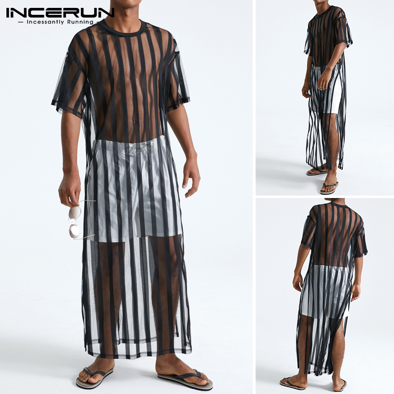 INCERUN Mens Sexy Transparent Striped Round Neck Short Sleeve Long Tops