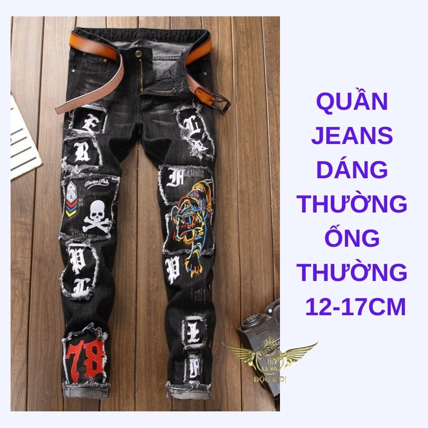 Quần jean nam đẹp rách xước độc lạ LEVANO chất liệu vải bò jeans không co giãn cao cấp thêu mặt hổ đầu nâu QJ011 | BigBuy360 - bigbuy360.vn