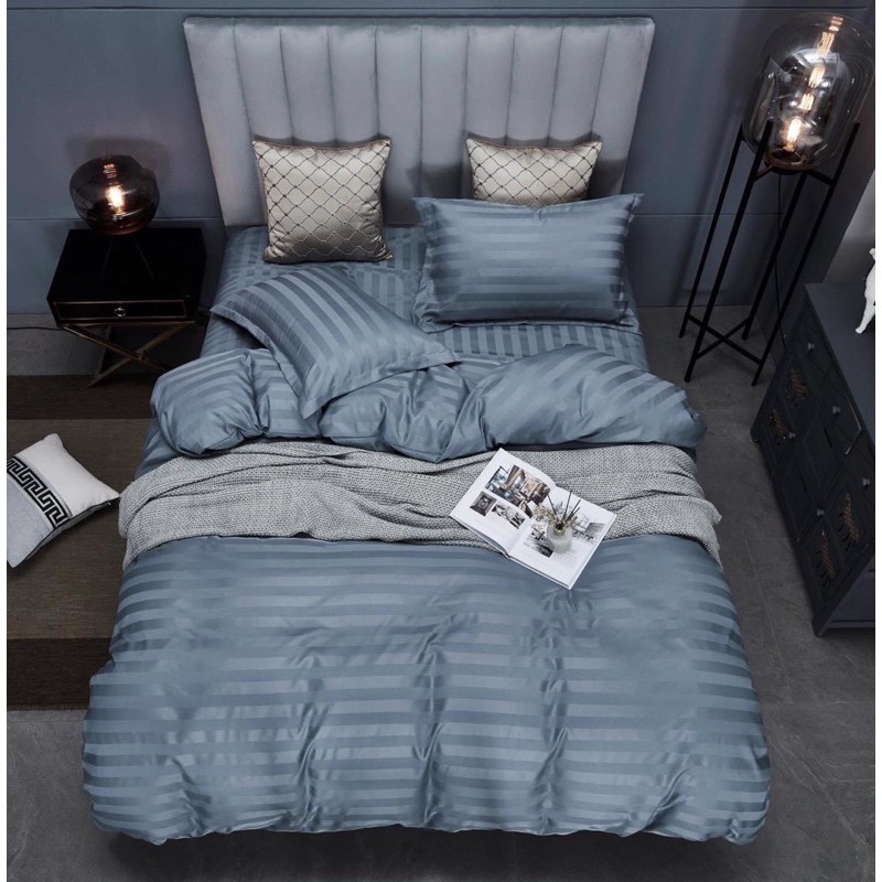 Bộ chăn ga gối Cotton Lụa Hàn Kẻ Sọc - Chăn Trần bông 2x2,2m sét 5 món