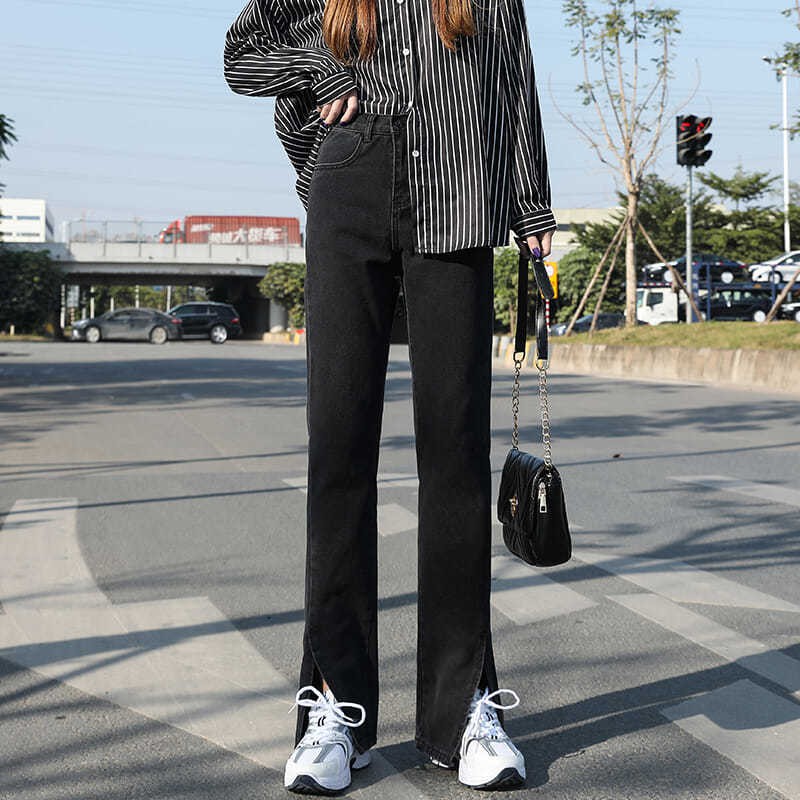 Đen Quần Jean Dài Ống Rộng Lưng Cao Xẻ Tà Thời Trang Cá Tính Cho Nữ | BigBuy360 - bigbuy360.vn