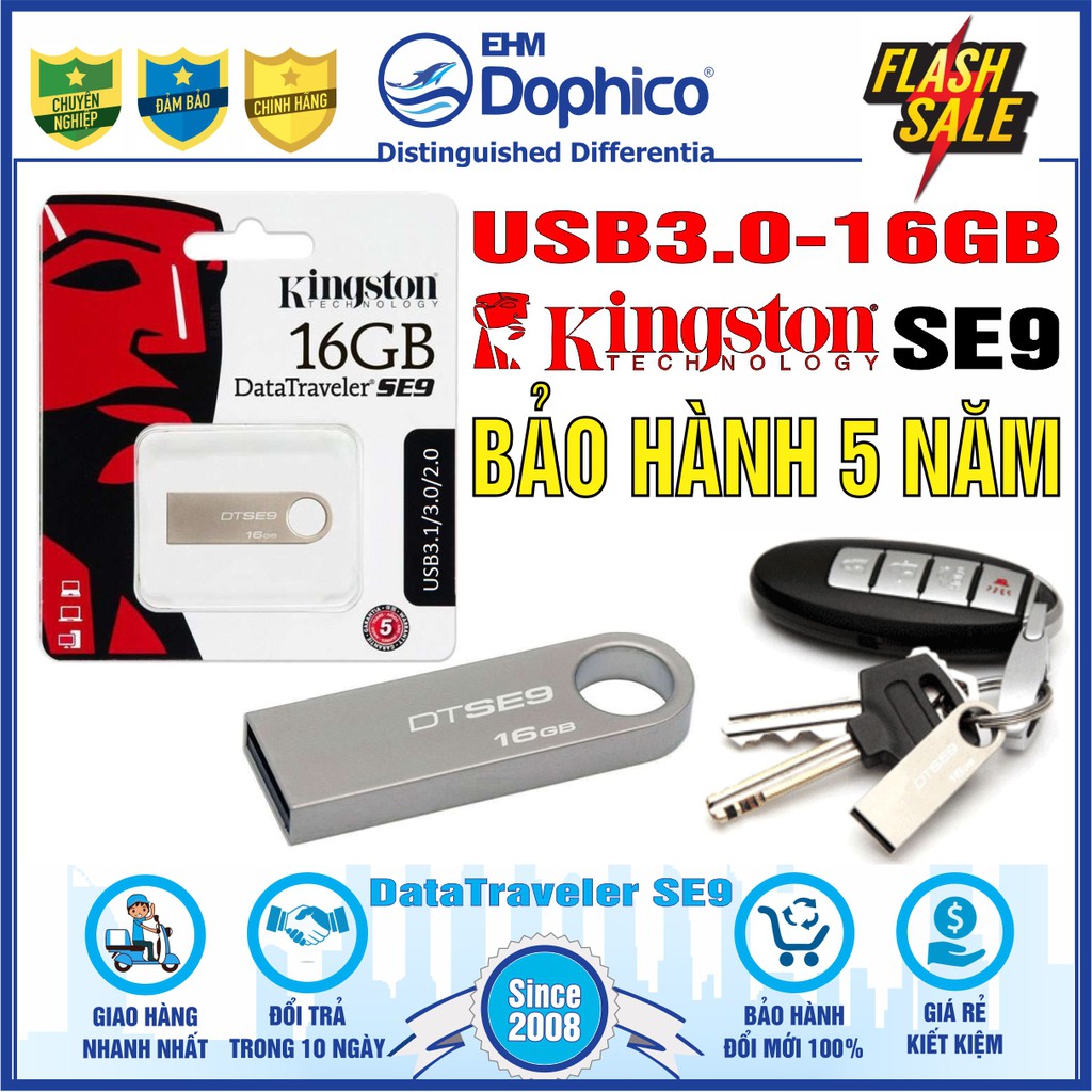 USB 3.0/16GB Kingston DataTraveler SE9 – Vỏ thép nguyên khối – Chịu va đập – Kháng nước – CHÍNH HÃNG – BH 5 năm