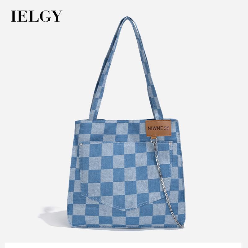 Túi xách đeo vai IELGY sức chứa lớn vải canvas họa tiết ca rô màu xanh dương