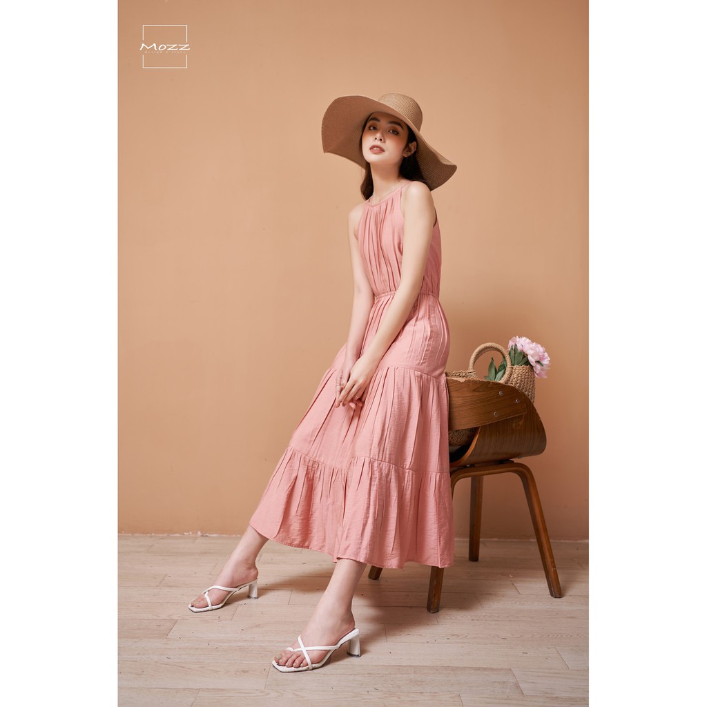 Váy maxi thiết kế chun eo hồng Mozz, váy đi biển