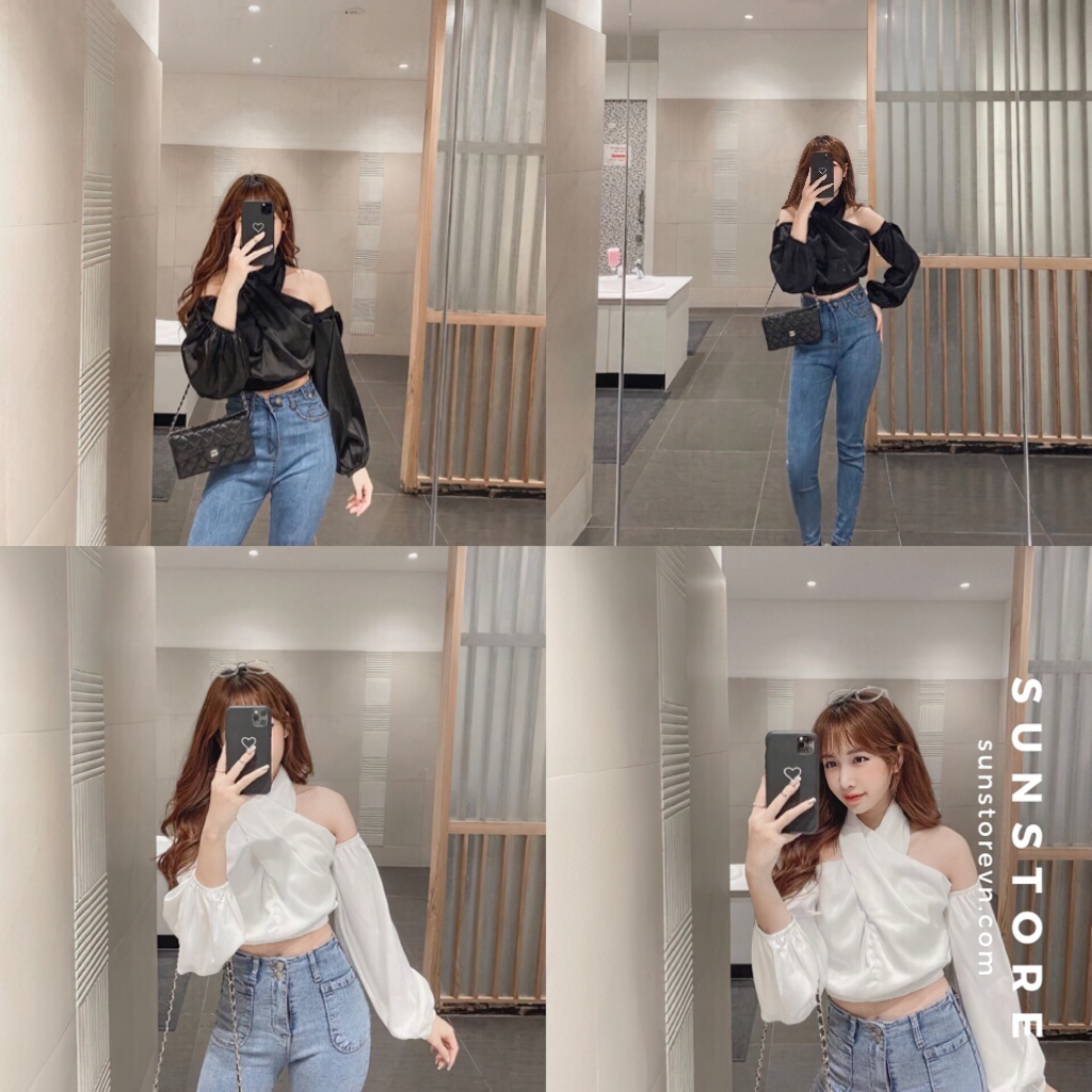 Áo trễ vai croptop kiểu nữ tay dài thiết kệ độc lạ hở lưng quyến rũ freesize màu trắng và đen THEA TOP