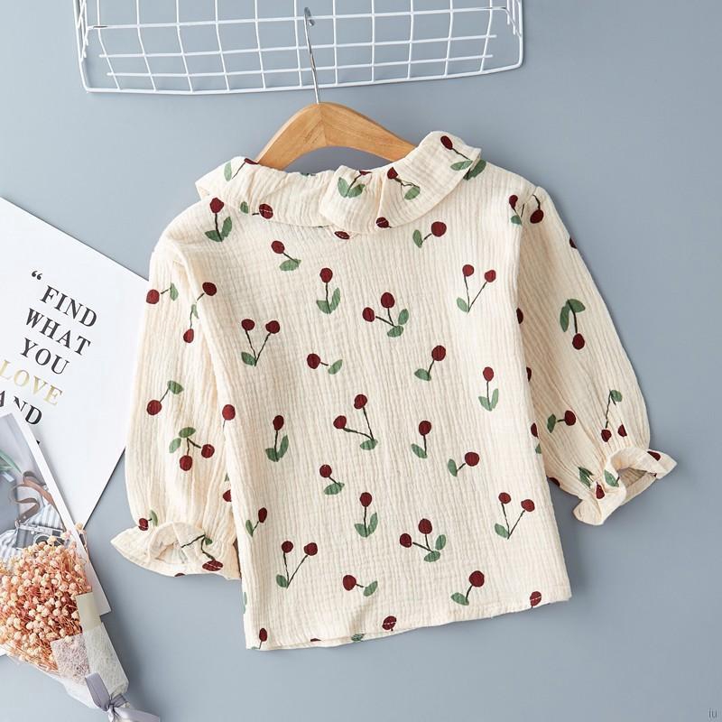 Áo cotton dài tay , in họa tiết quả cherry cho bé gái