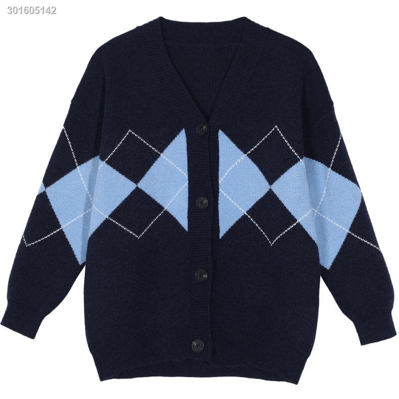 Áo Khoác Cardigan Họa Tiết Kim Cương Màu Xanh Dương Thời Trang Xuân Thu Cho Nữ 2021 Sự Bảo Vệ