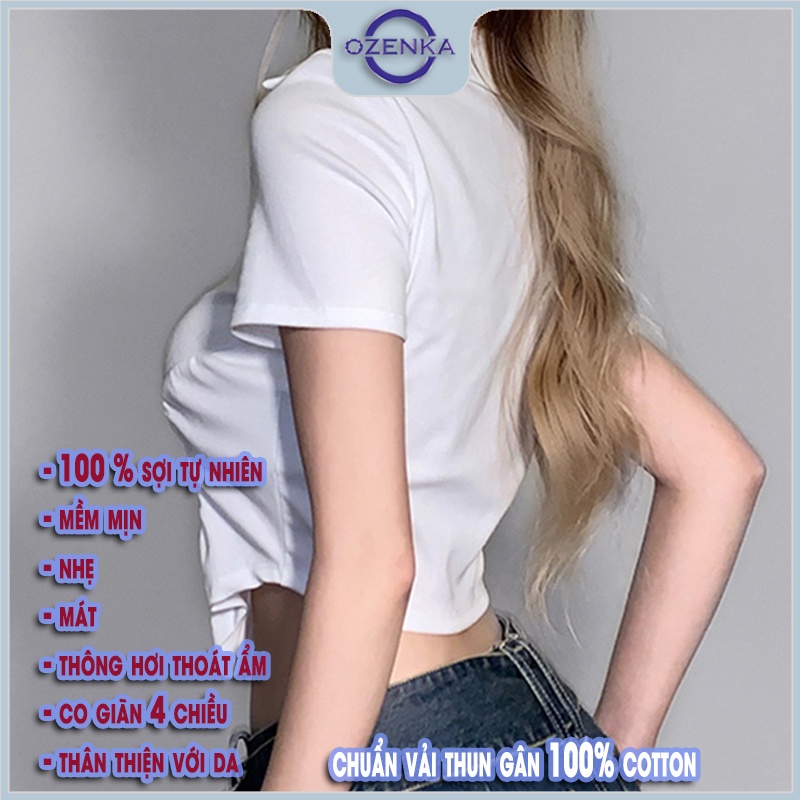 Áo croptop kiểu ôm vạt bầu cài khuy cổ bẻ nữ OZENKA cộc tay vài thun cotton 100% màu đen trắng size dưới 55 kg
