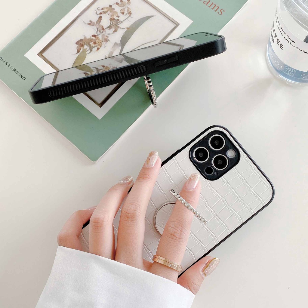 Ốp Điện Thoại Vân Da Cá Sấu Màu Xanh Lá / Đen Gắn Nhẫn Đỡ Cho iPhone 13promax 12 11 xsmax xr xs 7P