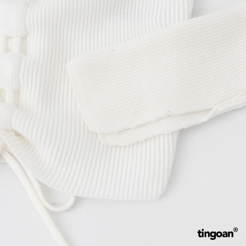 TINGOAN®  - Áo len xù trắng trễ vai rút dây tay dài sẻ vạt LUCIA TOP/WH