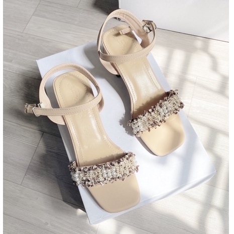 Sandal thổ cẩm đính ngọc gót vuông 3cm tag vàng sang chảnh mã QH18