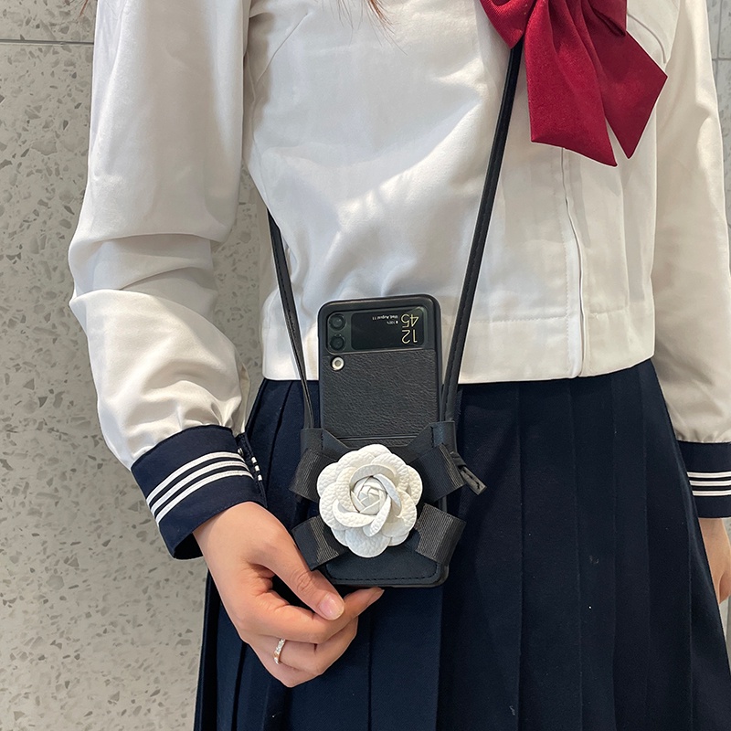 Bao Da pu Điện Thoại Nắp Lật Kèm Ngăn Đựng Thẻ Hình Hoa Trà Cho samsung galaxy z flip 5 4 3 flip4 flip3 5g