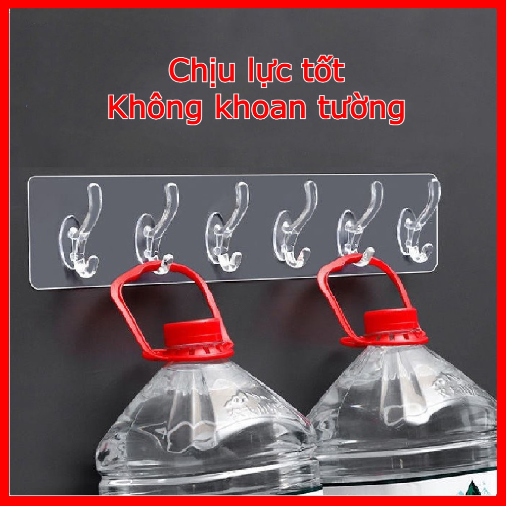 Thanh móc dán tường treo đồ quần áo chịu lực có bao chống gãy gập trong suốt siêu dính 6 móc ngang không cần khoan tường