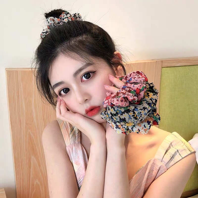 Dây buộc tóc vải scrunchies vải voan họa tiết hoa nhí vintage