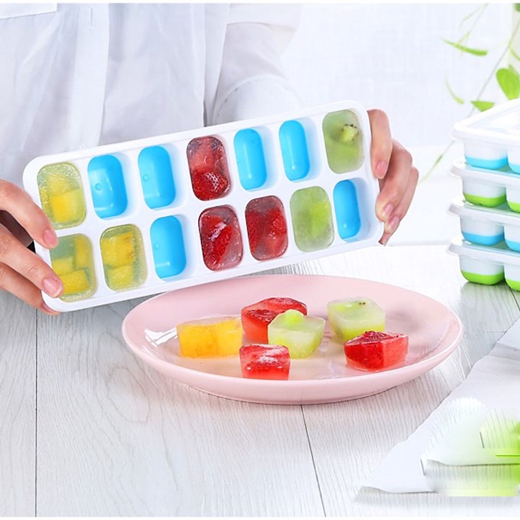 Khay Đá Silicon Có Nắp Đậy 14 Viên, Khay Đựng Đá Tủ Lạnh, Làm Đá Thạch Kem Bảo Quản Chống Mùi Tuyệt Đối