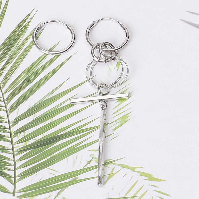 Khuyên tai dáng dài móc 3 hình tròn và 2 thanh dọc ngang độc đáo kèm khuyên tai bấm vòng tròn