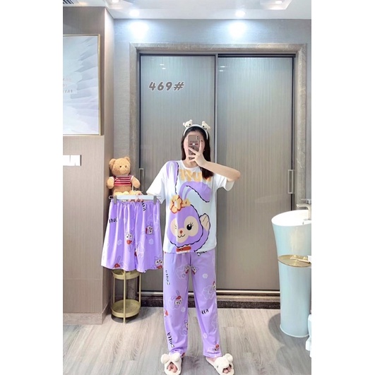 Đồ mặc nhà size lớn hoạ tiết hoạt hình dễ thương, bộ thun nữ tay ngắn quần dài thun 4 chiều TẶNG KÈM quần ngắn cùng hình