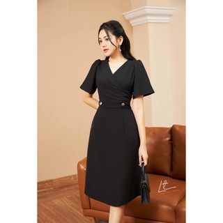 Đầm xoè cổ v tay rộng, dún eo với đai cách điệu