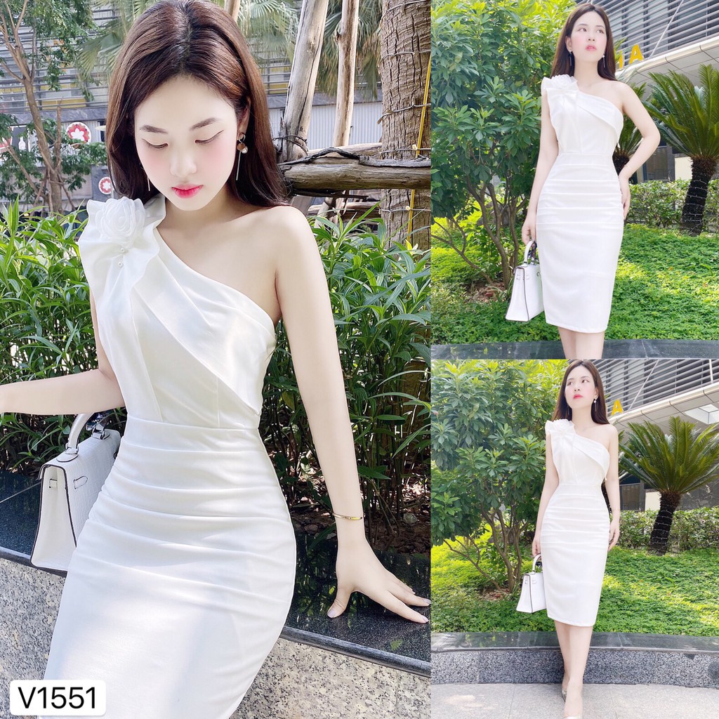 Váy trắng body hở vai V1551 - Đẹp Shop DVC - Kèm ảnh thật trải sàn do shop tự chụp