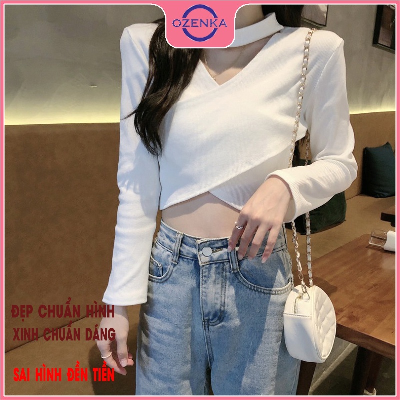 Áo croptop tay dài cổ v đắp chéo OZENKA , áo thu đông nữ đẹp len tăm cotton cao cấp màu đen trắng free size dưới 50 kg