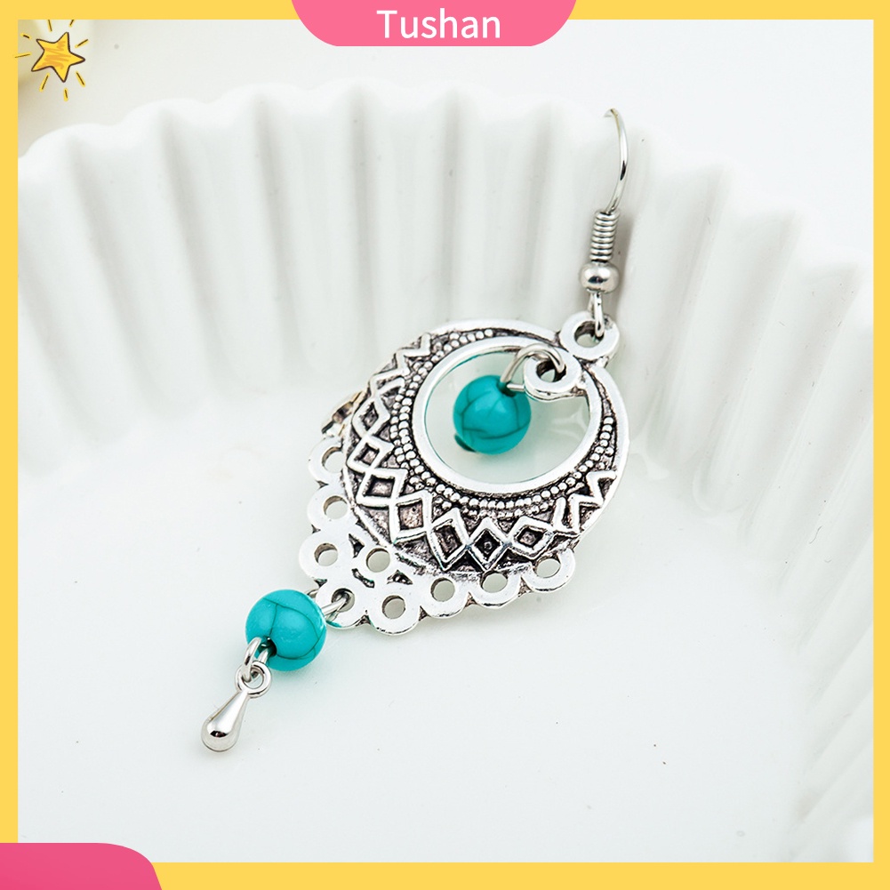 Khuyên tai dáng dài đính đá ngọc lam phong cách Boho