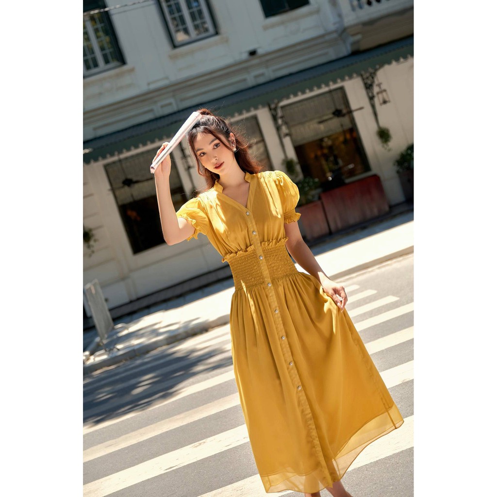 Đầm dập ly vàng chun eo -HBV1173