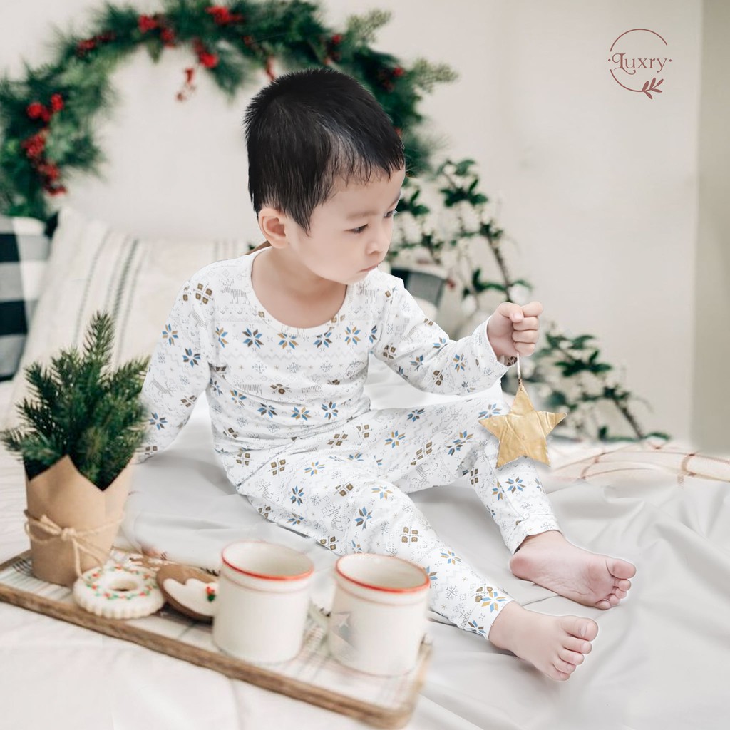 Bộ quần áo dài tay thu đông vải sợi tre 2 lớp siêu mềm mịn, ấm áp họa tiết dễ thương nhà Luxry cho bé
